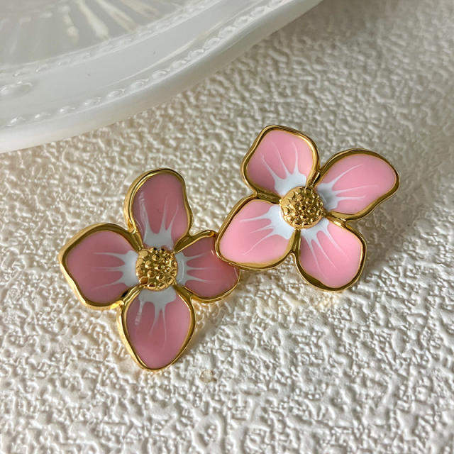INS cute pink color flower enamel stainless steel earrings