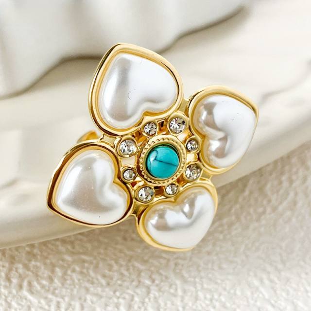 Vintage pearl flower turquoised bead stainless steel finger rings