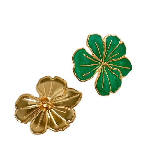 Spring green color enamel flower stainless steel studs earrings