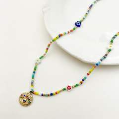 Boho colorful seed bead stainless steel evil eye pendant necklace bracelet set