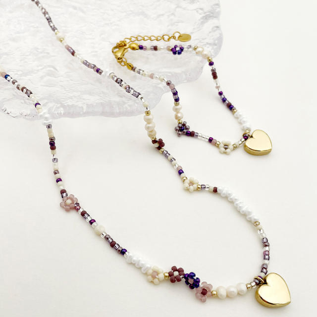 Boho natural purple pink bead stainless steel heart charm necklace bracelet set