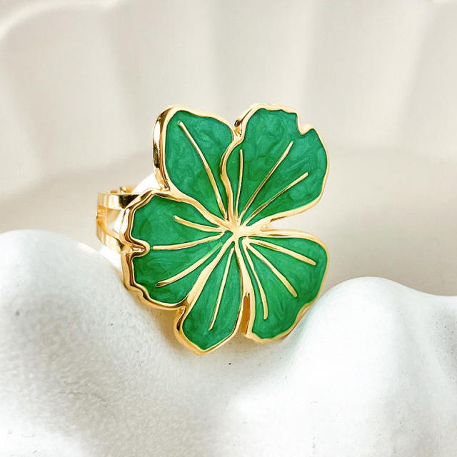 Spring green color enamel flower clover stainless steel finger rings