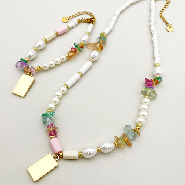 INS diamond sun block charm stainless steel pearl bead necklace bracelet set