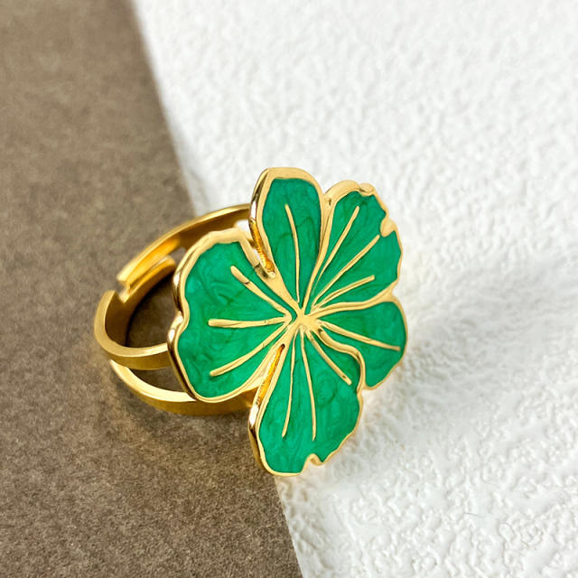 Spring green color enamel flower clover stainless steel finger rings