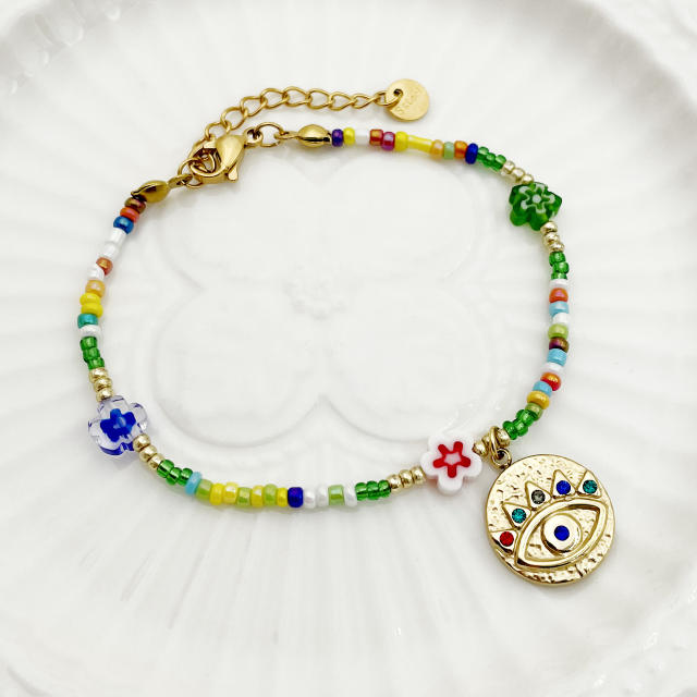 Boho colorful seed bead stainless steel evil eye pendant necklace bracelet set