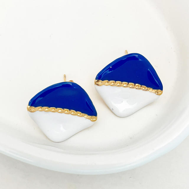 Geometric triangle pattern blue white enamel square stainless steel studs earrings