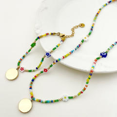 Boho colorful seed bead stainless steel evil eye pendant necklace bracelet set