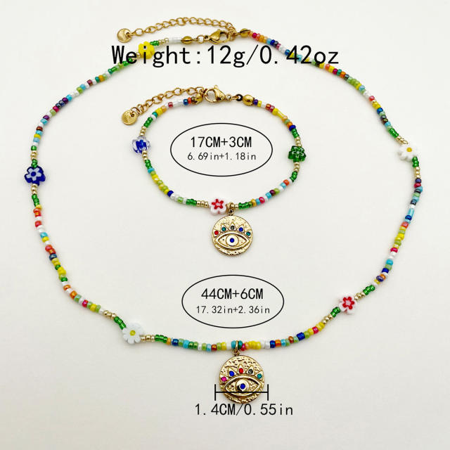 Boho colorful seed bead stainless steel evil eye pendant necklace bracelet set