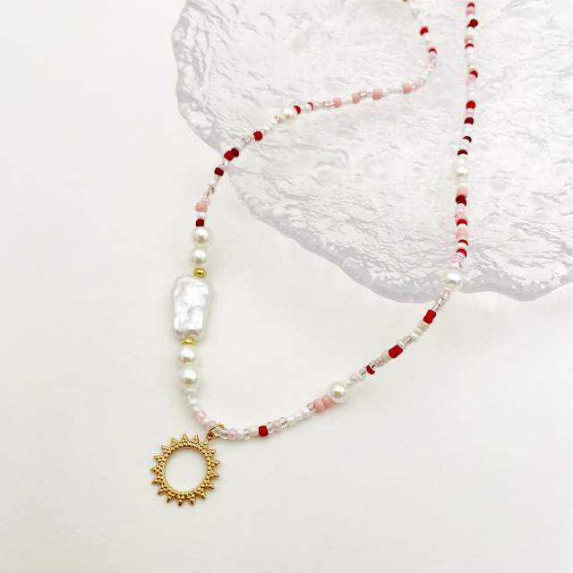 Boho pearl pink bead stainless steel sun pendant necklace bracelet set