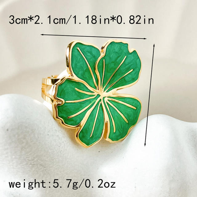 Spring green color enamel flower clover stainless steel finger rings
