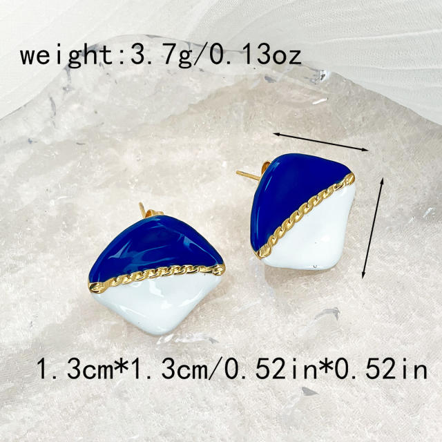 Geometric triangle pattern blue white enamel square stainless steel studs earrings