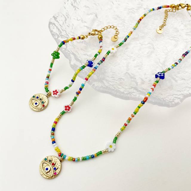 Boho colorful seed bead stainless steel evil eye pendant necklace bracelet set