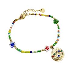 Boho colorful seed bead stainless steel evil eye pendant necklace bracelet set