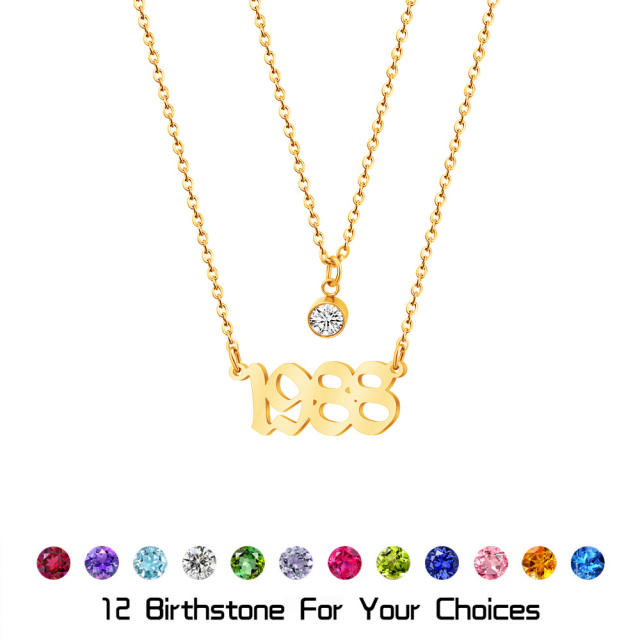 Custom year birthstone two layer stainless steel necklace