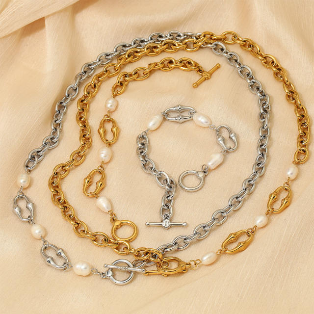 Water pearl bead gold plated stainless steel chain necklace bracelet set