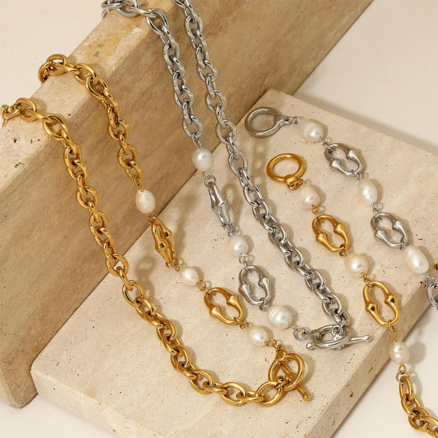 Water pearl bead gold plated stainless steel chain necklace bracelet set