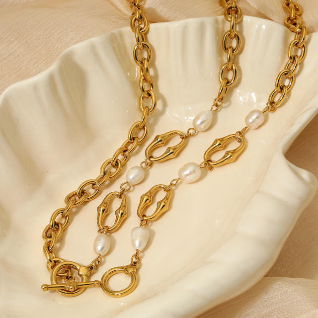 Water pearl bead gold plated stainless steel chain necklace bracelet set