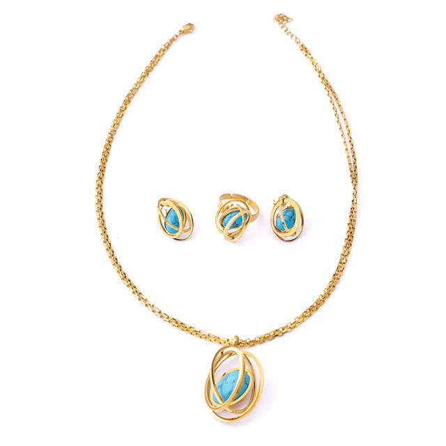 Personality opal ball turquoise bead stainless steel necklace earrings set