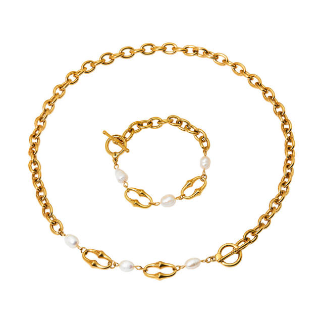 Water pearl bead gold plated stainless steel chain necklace bracelet set