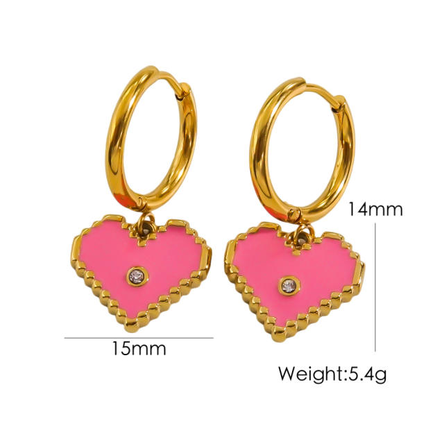 14KG sweet color enamel heart stainless steel huggie earrings