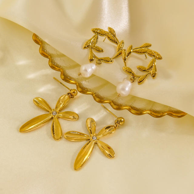 14KG flower pearl drop stainless steel earrings