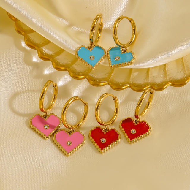 14KG sweet color enamel heart stainless steel huggie earrings