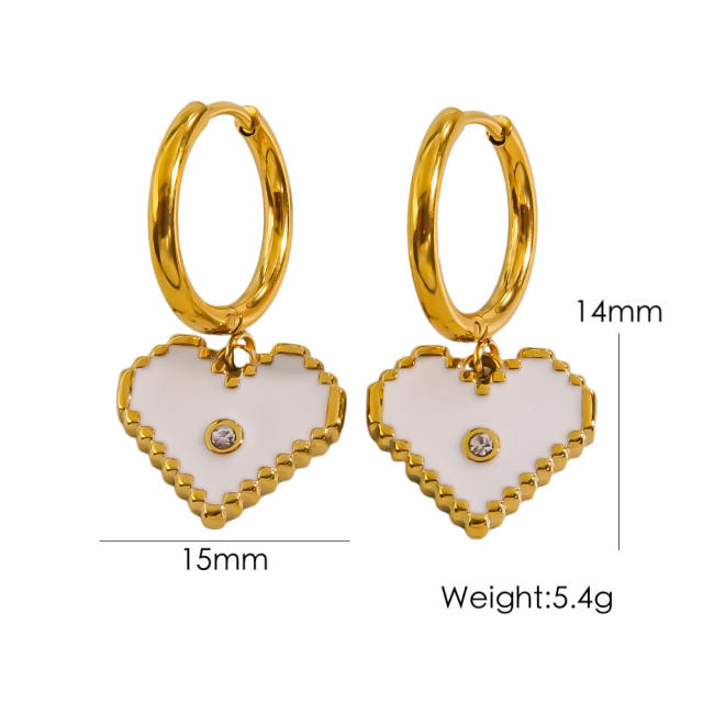 14KG sweet color enamel heart stainless steel huggie earrings