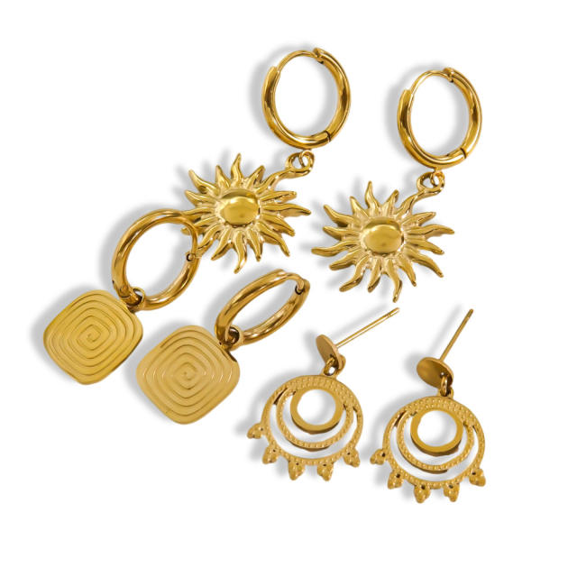 14KG sun coin shape stainless steel huggie earrings