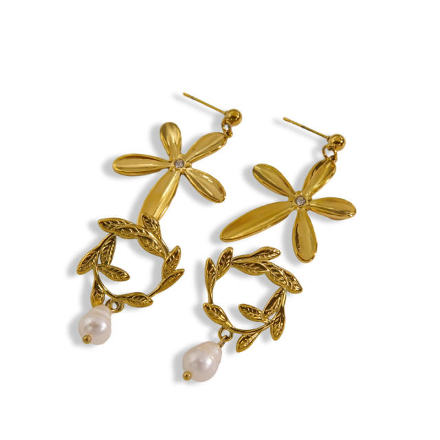 14KG flower pearl drop stainless steel earrings