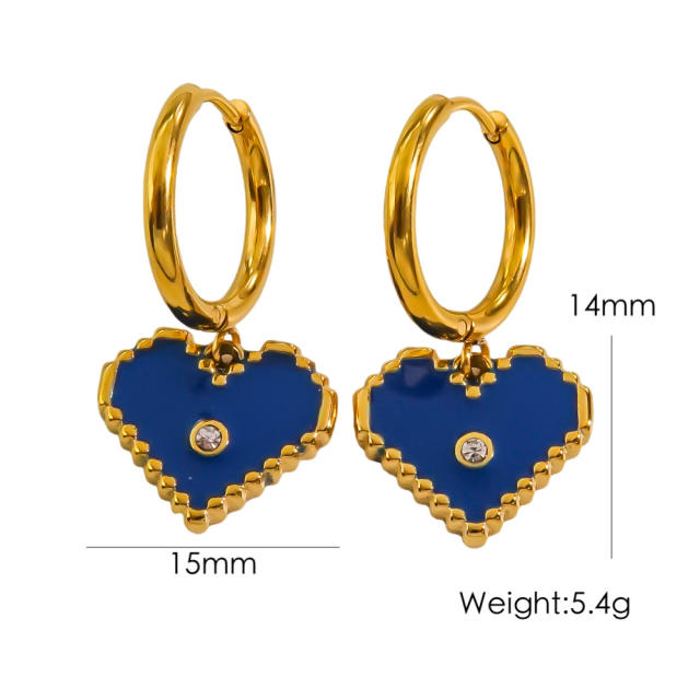 14KG sweet color enamel heart stainless steel huggie earrings