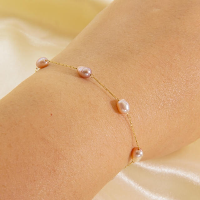 14KG sweet pink water pearl dainty stainless steel necklace bracelet anklet