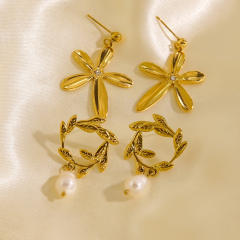 14KG flower pearl drop stainless steel earrings