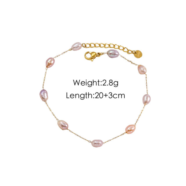 14KG sweet pink water pearl dainty stainless steel necklace bracelet anklet