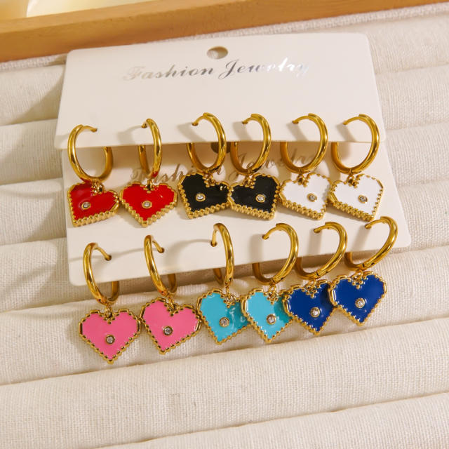 14KG sweet color enamel heart stainless steel huggie earrings