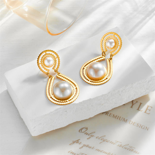 Vintage pearl statement drop shape stainless steel earrings