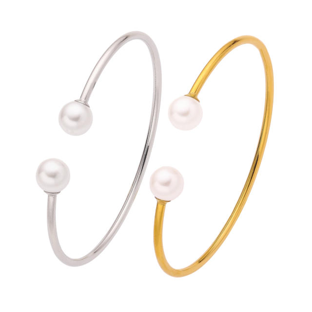 Easy match imitation pearl stainless steel cuff bangle bracelet
