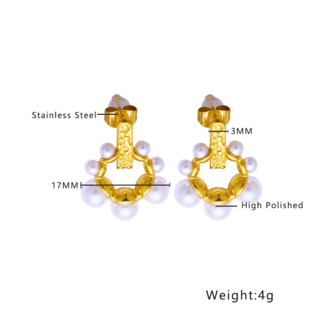 Elegant vintage pearl bead geometric gold plated stainless steel earrings