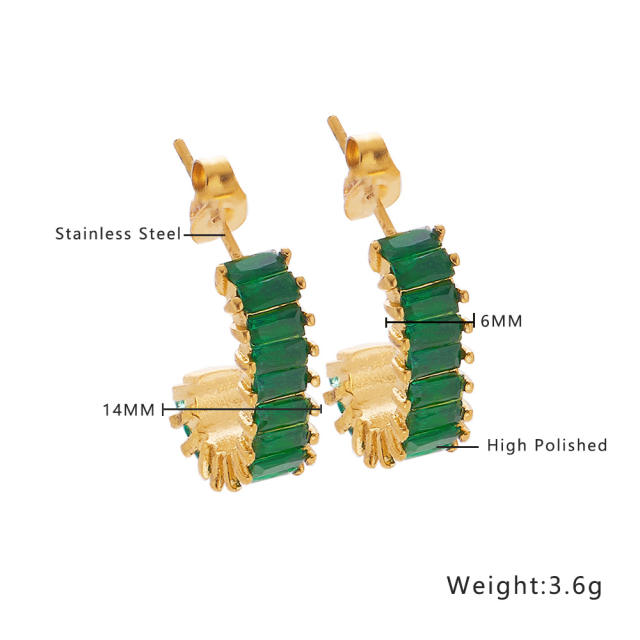 Spring green color malachite cubic zircon statement stainless steel earrings
