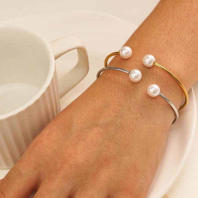 Easy match imitation pearl stainless steel cuff bangle bracelet