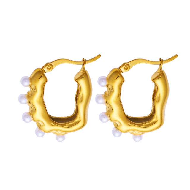 Elegant vintage pearl bead geometric gold plated stainless steel earrings