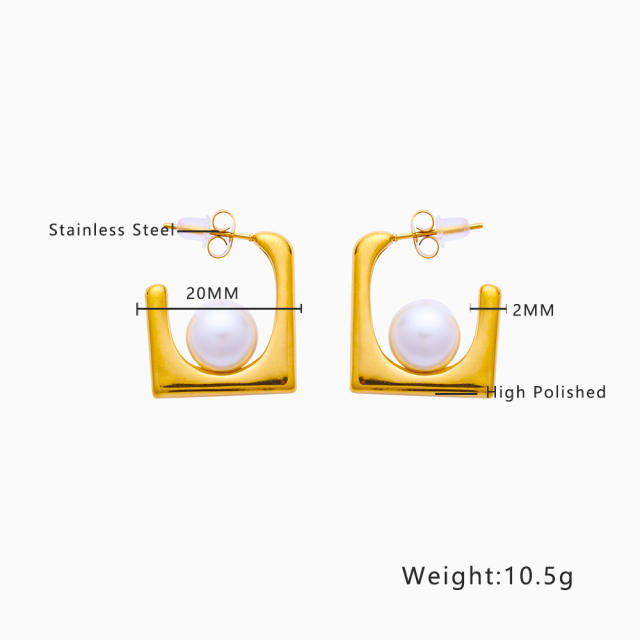 Elegant vintage pearl bead geometric gold plated stainless steel earrings