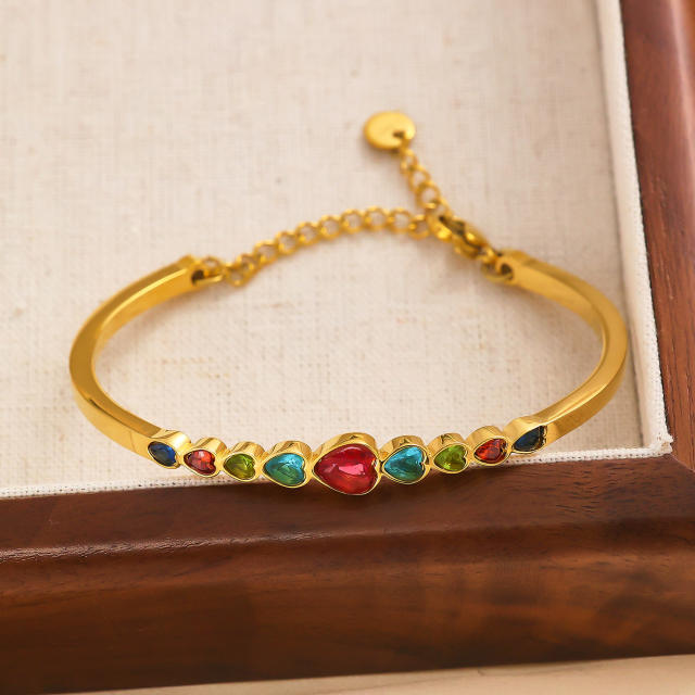 Vintage colorful cubic zircon stainless steel bangle bracelet