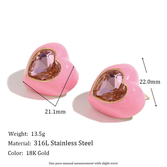 18KG color enamel cubic zircon heart shape stainless steel earrings