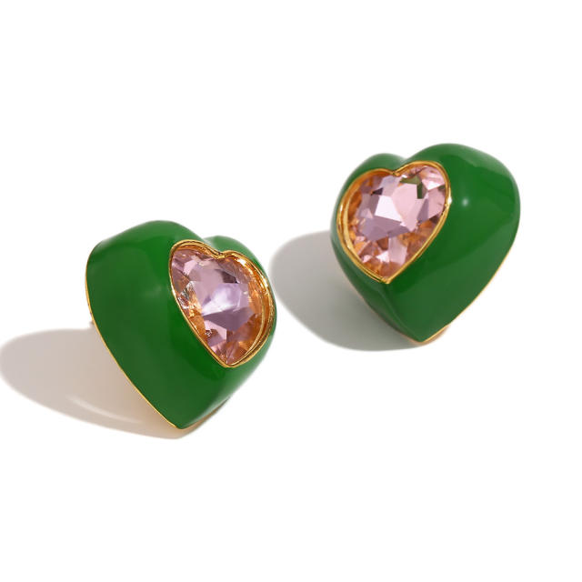 18KG color enamel cubic zircon heart shape stainless steel earrings