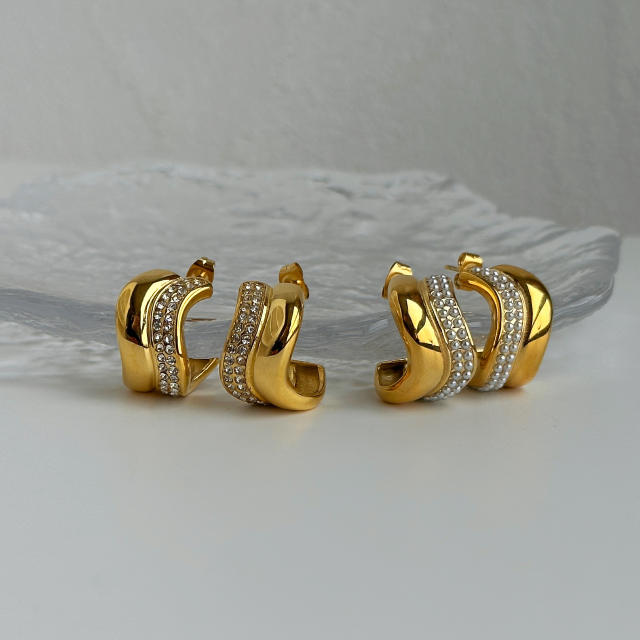 INS vintage cubic zircon gold plated wave shape stainless steel earrings