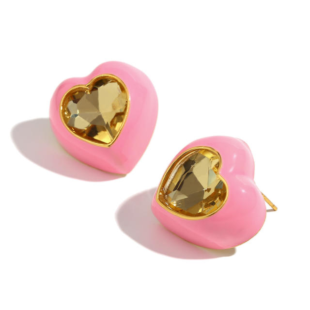 18KG color enamel cubic zircon heart shape stainless steel earrings