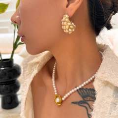 Chunky pearl bead water drop stainless steel earrings