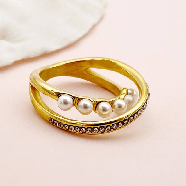 Chic two line pearl bead rhinestone stainless steel rings for women