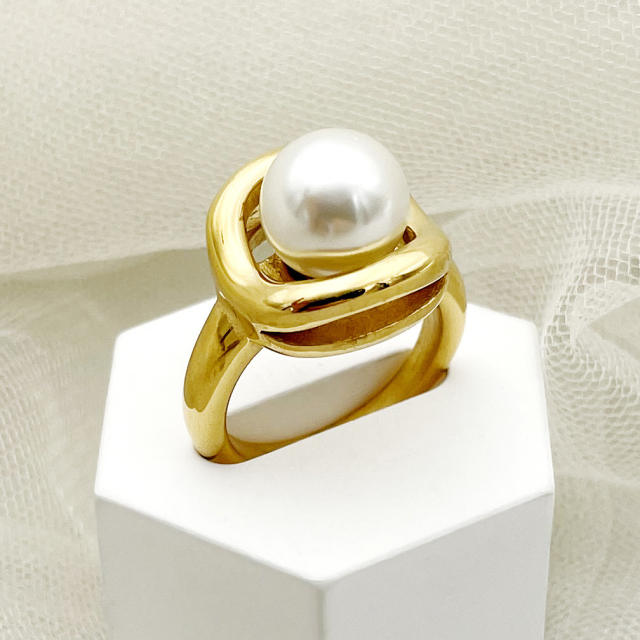 Vintage holiday trend pearl bead stainless steel rings