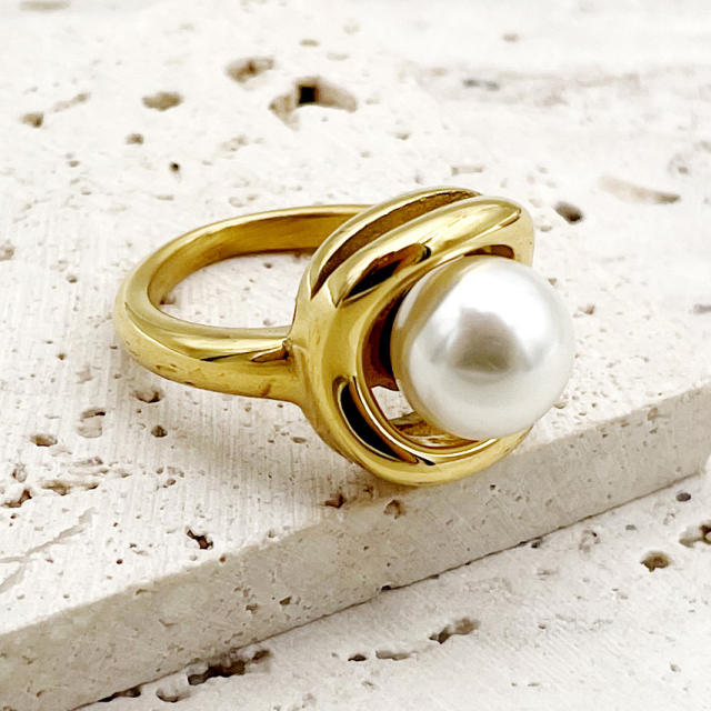 Vintage holiday trend pearl bead stainless steel rings